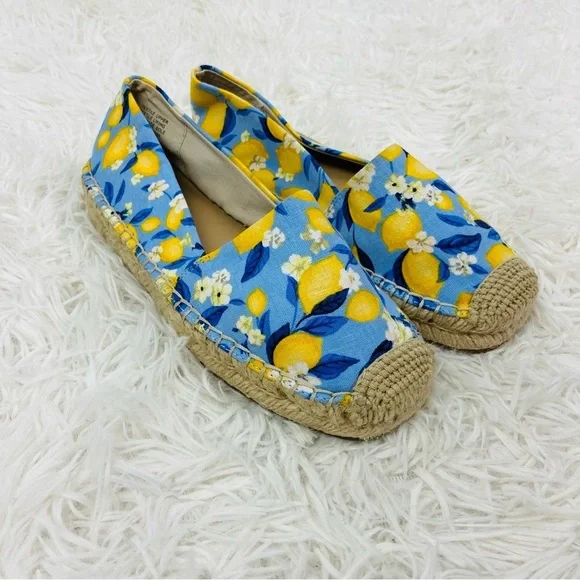 NWOT ANN TAYLOR blue & yellow lemon print tapestry summer espadrille shoes SZ 6 - Picture 11 of 17